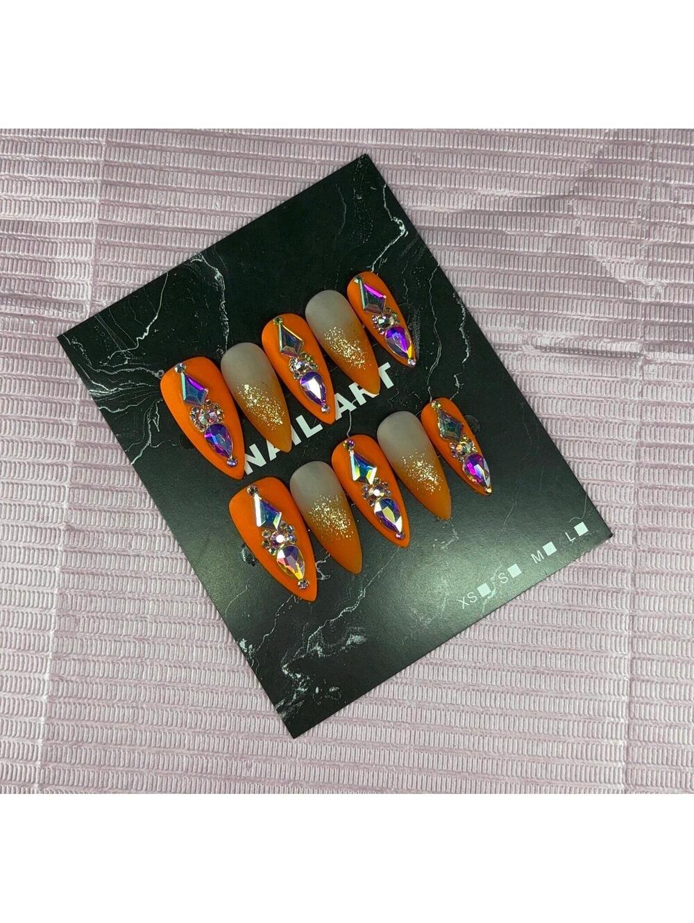 Medium stiletto press on nails glitter rhinestones ombré orange handmade matte